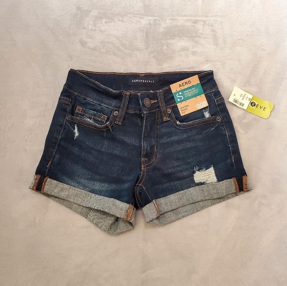 Aeropostale Women's Low Rise Shorty Blue Cuffed Denim Shorts Size 000 NWT